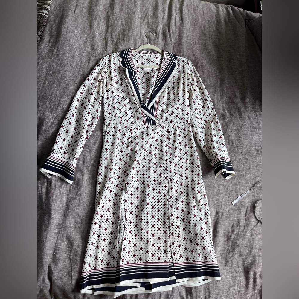 Silk Celine pleated nautical shirt dress M red navy white pattern